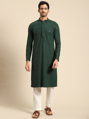 Rajubhai Hargovindas Men Embellished Straight Kurta(Green)