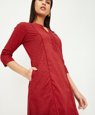 MAX Women Embroidered Straight Kurta(Maroon)