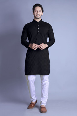 ALMORA Men Self Design A-line Kurta(Black)