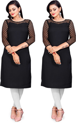 Maheshvi Women Self Design Straight Kurta(Black)