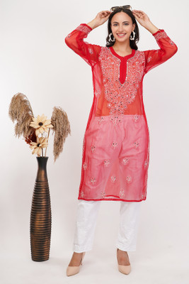 Chikan Women Chikan Embroidery Straight Kurta(Red)