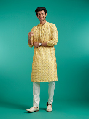 DIWAS by Manyavar Men Printed Straight Kurta(Yellow)