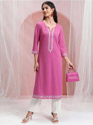 ASTILBEE Women Embroidered A-line Kurta(Pink)