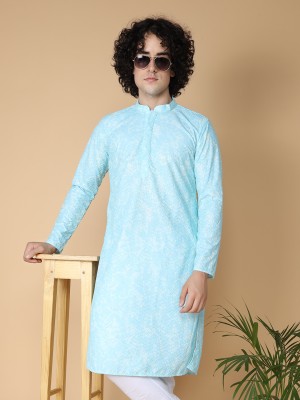 Namaskar Men Chikan Embroidery Straight Kurta(Light Blue, White)