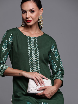 Indo Era Women Printed Straight Kurta(Dark Green, White)