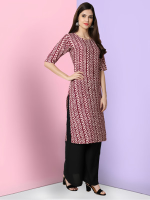 KAUTAQI Women Printed Straight Kurta(Blue)