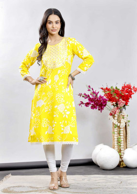 SANDHYA FASHION Women Embroidered A-line Kurta(Yellow)