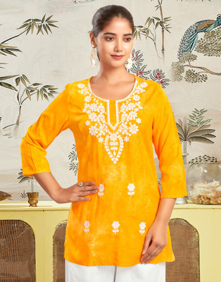 Samah Women Chikan Embroidery, Embellished, Dyed/Ombre, Self Design Straight Kurta(Yellow)