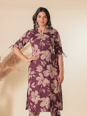 Aramya Women Floral Print Straight Kurta(Purple)