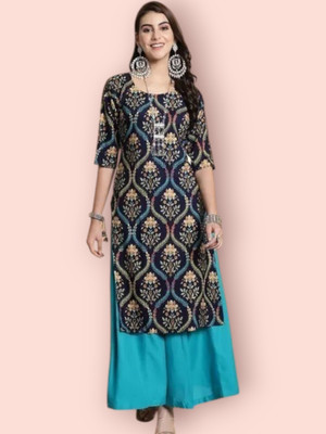 Dhruti Vaste Women Printed Straight Kurta(Blue, Dark Blue)