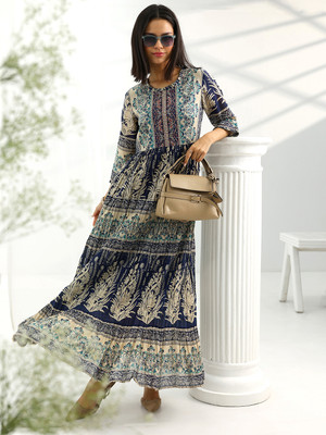 LIBAS Women Printed A-line Kurta(Dark Blue)