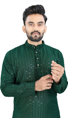 Shree Dutt Creation Men Embellished Straight Kurta(Dark Green)
