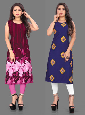 Hiral Creation Women Floral Print Straight Kurta(Pink, Blue)