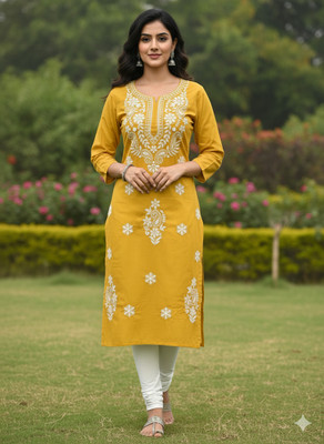 khamsahh Women Embroidered A-line Kurta(Yellow)