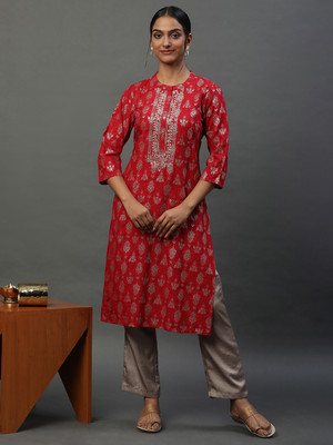 Aurelia Women Printed Straight Kurta(Red)