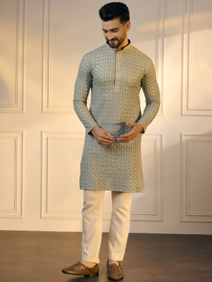 ANOUK Men Floral Print Straight Kurta(Green)