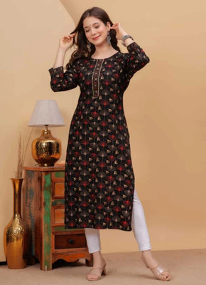 Shreeji Garment Women Floral Print A-line Kurta(Black)