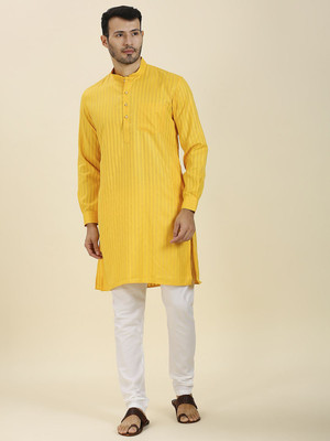 Rajubhai Hargovindas Men Striped Straight Kurta(Yellow)