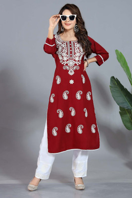 TattvaLoom Women Chikan Embroidery Straight Kurta(Maroon)