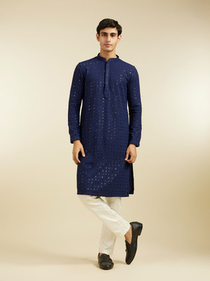 DIWAS by Manyavar Men Embroidered Straight Kurta(Blue)
