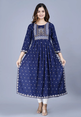mahadevara creation Women Printed A-line Kurta(Dark Blue, White, Gold)