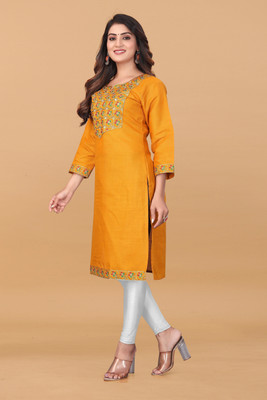 Nanu Creation Women Embroidered A-line Kurta(Yellow)