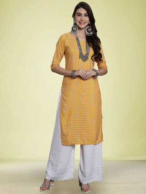 Moda Rapido Men Floral Print Straight Kurta(Yellow)