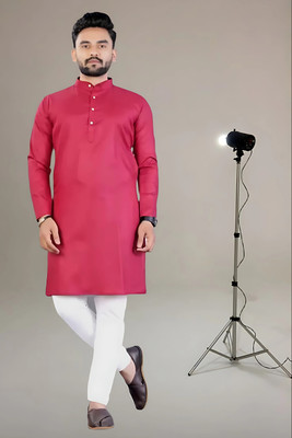 omkar Men Solid Straight Kurta(Pink)