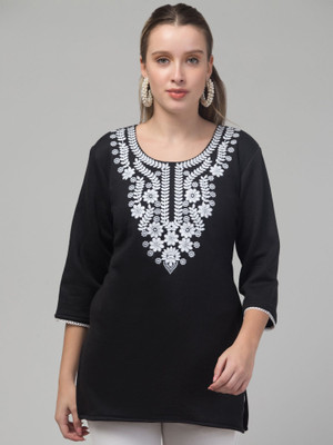 MISS DESIRE Women Embroidered Straight Kurta(Black)
