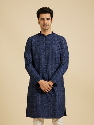 MANYAVAR Men Geometric Print Straight Kurta(Blue)