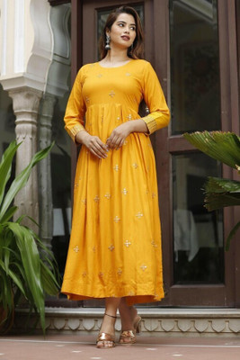 MINAL Women Embroidered, Embellished Anarkali Kurta(Yellow)