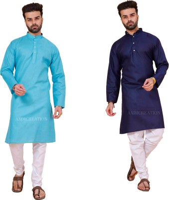 Aadicreation Men Solid Straight Kurta(Dark Blue, Light Blue)