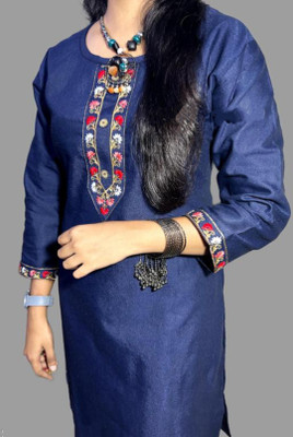 Mkurti Women Embroidered A-line Kurta(Dark Blue)