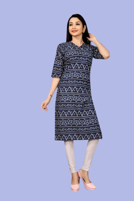 Tulsii Fab Women Animal Print Straight Kurta(Dark Blue)