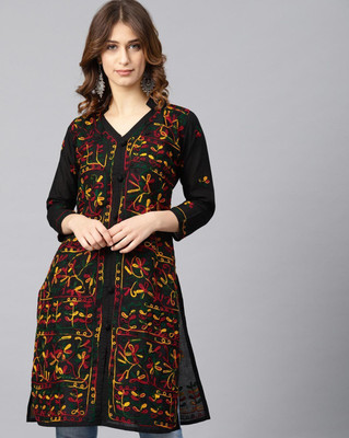 MOONDEO Women Chikan Embroidery Straight Kurta(Multicolor)