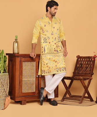Jompers Men Embroidered Straight Kurta(Yellow)