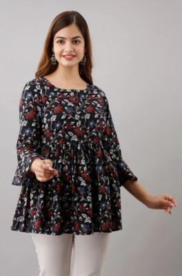 KHOWAL Women Printed Flared Kurta(Black)