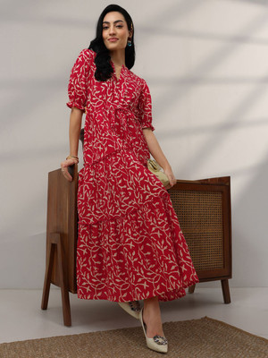 LIBAS Women Printed Flared Kurta(Red)