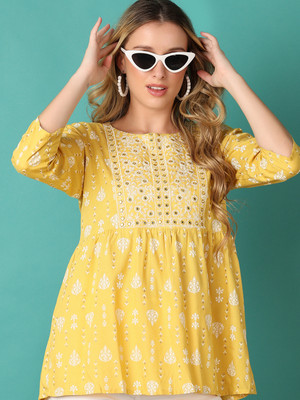 V-MART Women Printed A-line Kurta(Yellow)