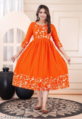 DADIYA Women Printed Anarkali Kurta(Orange)