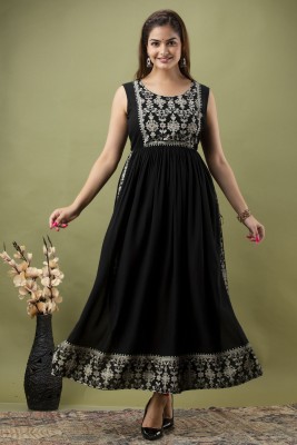 RAABA Women Embroidered Anarkali Kurta(Black)