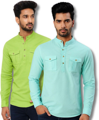 EchoWear Men Solid Straight Kurta(Light Green, Light Blue)