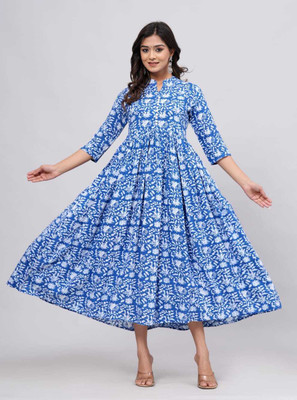 poojaclothing Women Printed Anarkali Kurta(Blue, White)