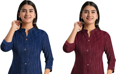 NEW SHINE FASHION Women Striped A-line Kurta(Blue, Maroon)