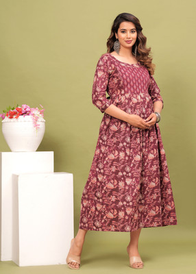 Madfury Women Printed Anarkali Kurta(Brown)