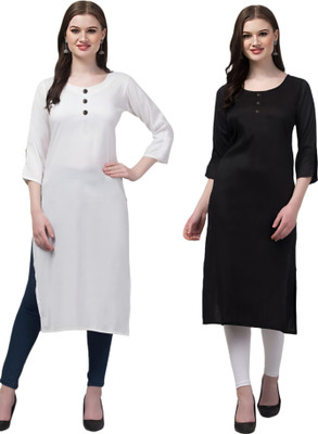 Coft Women Self Design Straight Kurta(Black, White)