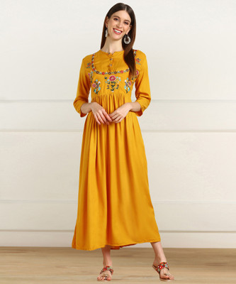 SHASHVI Women Embroidered Flared Kurta(Yellow)