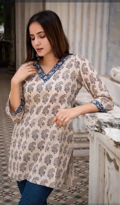 JR JEZREEL Women Printed Straight Kurta(Beige, Blue)