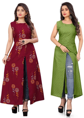 maruti fab Women Printed, Polka Print Frontslit Kurta(Green)