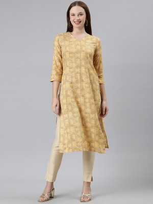Saanjh Women Self Design Straight Kurta(Yellow, Gold, Brown)